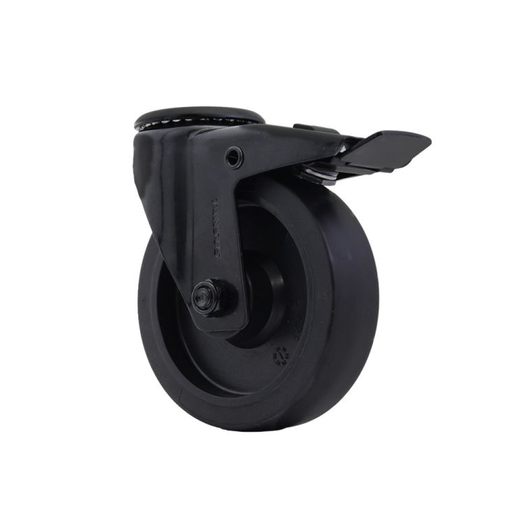 Zwenkwiel 125 mm met boutgat + rem TPR zwart - TARSUS