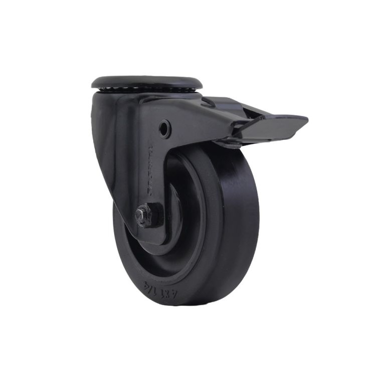 Zwenkwiel 100 mm met boutgat + rem TPR zwart - TARSUS