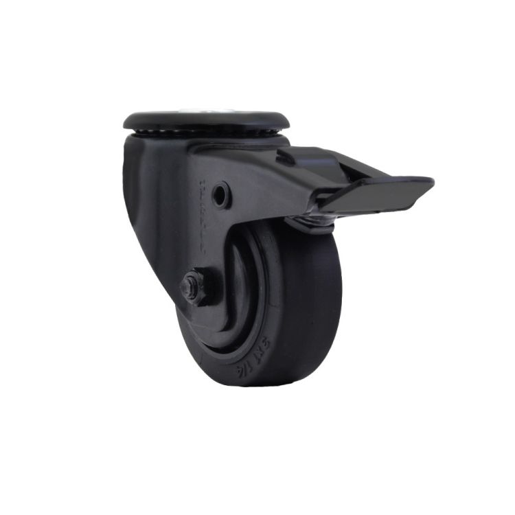 Zwenkwiel 75 mm met boutgat + rem TPR zwart - TARSUS